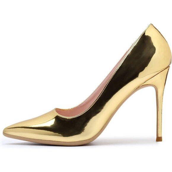 Women Gold Polyurethane (PU) Closed Pointed Toe Stiletto High Heel Shoes Pumps - Picture 3 of 7